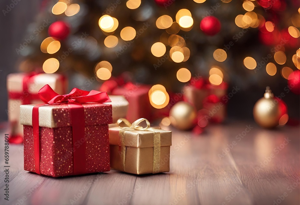 Magical Christmas Atmosphere with Red and Gold Merry Christmas ornaments. Red and Gold Christmas gifts and lights Christmas tree and Beautiful Christmas gift boxes on the floor in the room. Magical Christmas Atmosphere with Red and Gold Merry Christmas ornaments. Red and Gold Christmas gifts and lights Christmas tree and Beautiful Christmas gift boxes on the floor in the room.