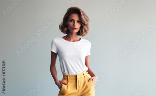Beautiful woman wearing a white t-shirt, standing with her hands in her pockets isolated on white background studio portrait. mockup. photo