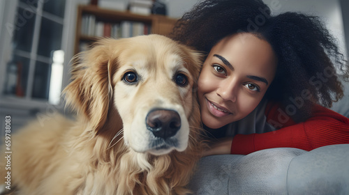 closeup of a young black girl standing on a living room couch  sharing a loving embrace with a golden retriever dog. 
