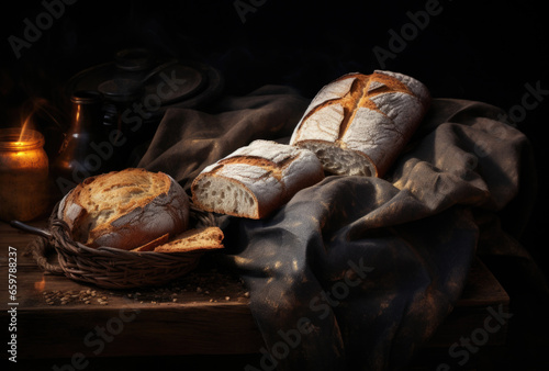 A variety of different types of bread and bread rolls nicely decorated on a dark moody background