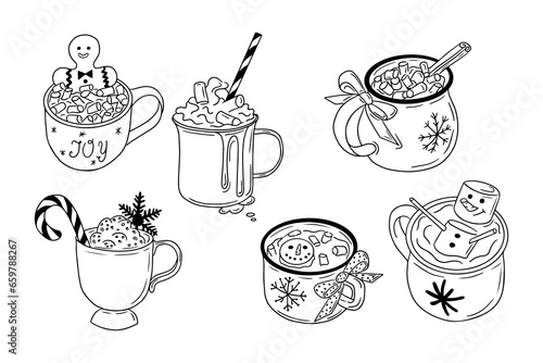 Christmas doodle hot drinks with holiday decoration. Sketchy outline cups with marshmallow, gingerbread man, candy stick and whipped cream. Holiday design for coloring pages, stickers, pattern photo