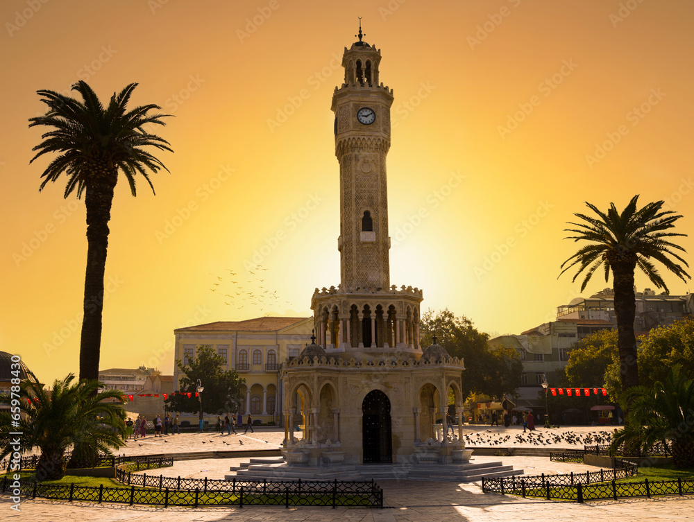 Autumn morning in Izmir's historical clock tower. Travelling destinations in Turkey.  Konak, Izmir 