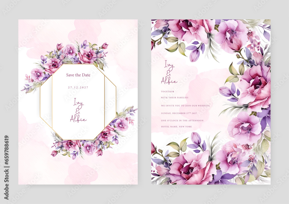 Purple violet and pink rose luxury wedding invitation with golden line art flower and botanical leaves, shapes, watercolor