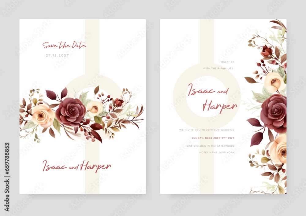 Beige and red rose floral wedding invitation card template set with flowers frame decoration