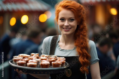 Cute red-haired waitress with a tray of snacks at Oktoberfest