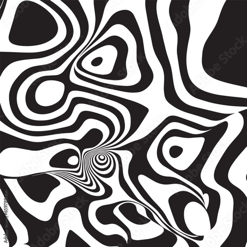 Abstract wave of white and black curved lines. Hallucination distorted lines backdrop. Optical illusion pattern. Twisted futuristic background of lines. Dynamic wave. Vector