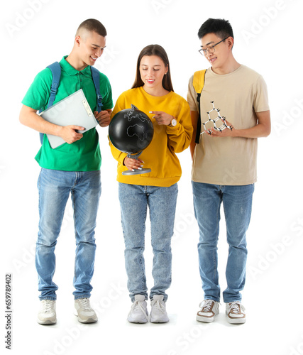Education and diversity, diverse students with globe and molecule model study...