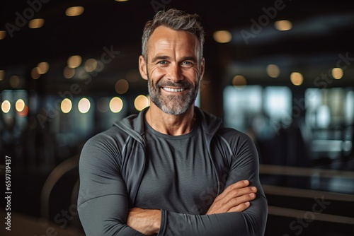 Portrait of smiling mature man in sportswear standing with arms crossed in gym