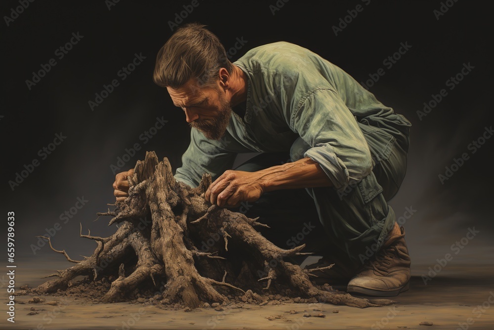 Obraz premium Individual holding a tree root capturing a moment of human-nature interaction