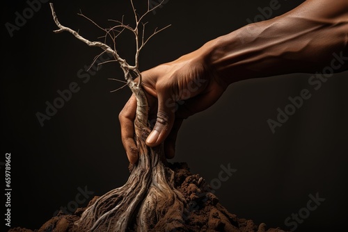 Individual holding a tree root capturing a moment of human-nature interaction