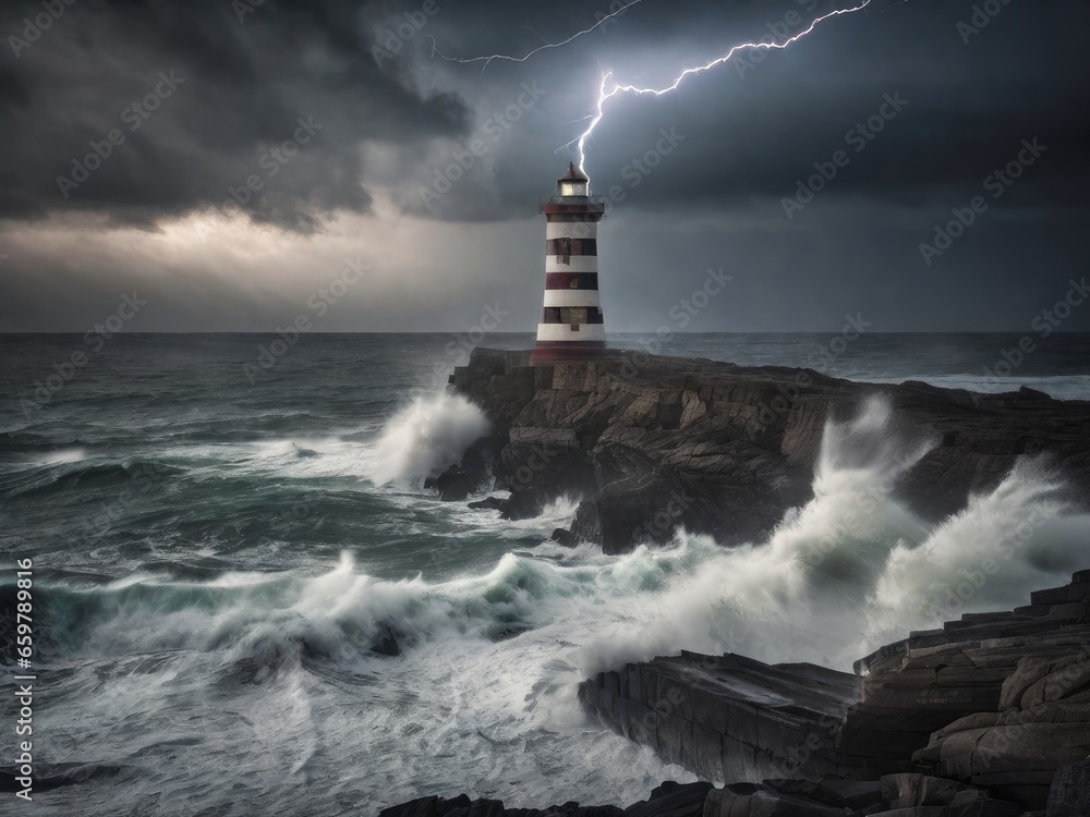 Lonely lighthouse on a rocky coast during a storm, with waves crashing and lightning