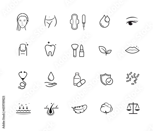 Set icons of womens health. Vitality icon set for human-improving products. Vector illustration. Isolated on white background. It can be used in the adv, promo, package, etc. EPS10.