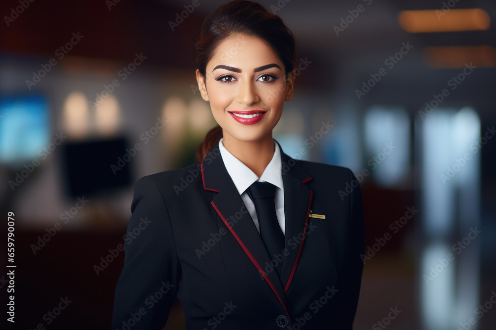 Young and confident female air hostess standing at airport Young and confident female air hostess standing at airport