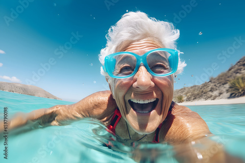 An elderly woman, brimming with joy, wearing swimming goggles and captures a selfie in crystal-clear blue waters on a bright, sunny day