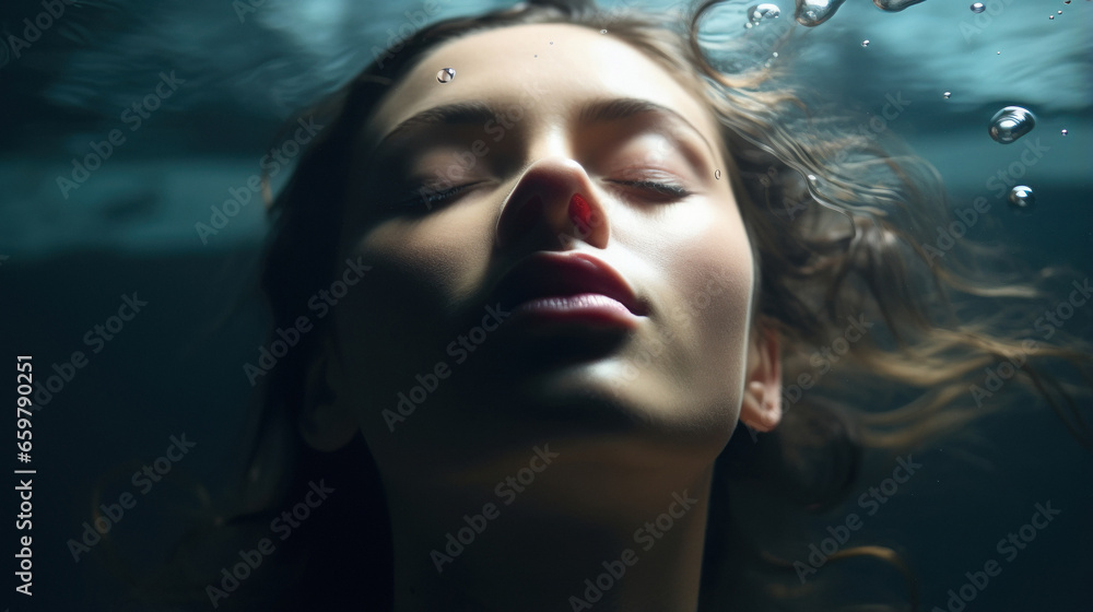Close view of beautiful female face under water Close view of beautiful female face under water