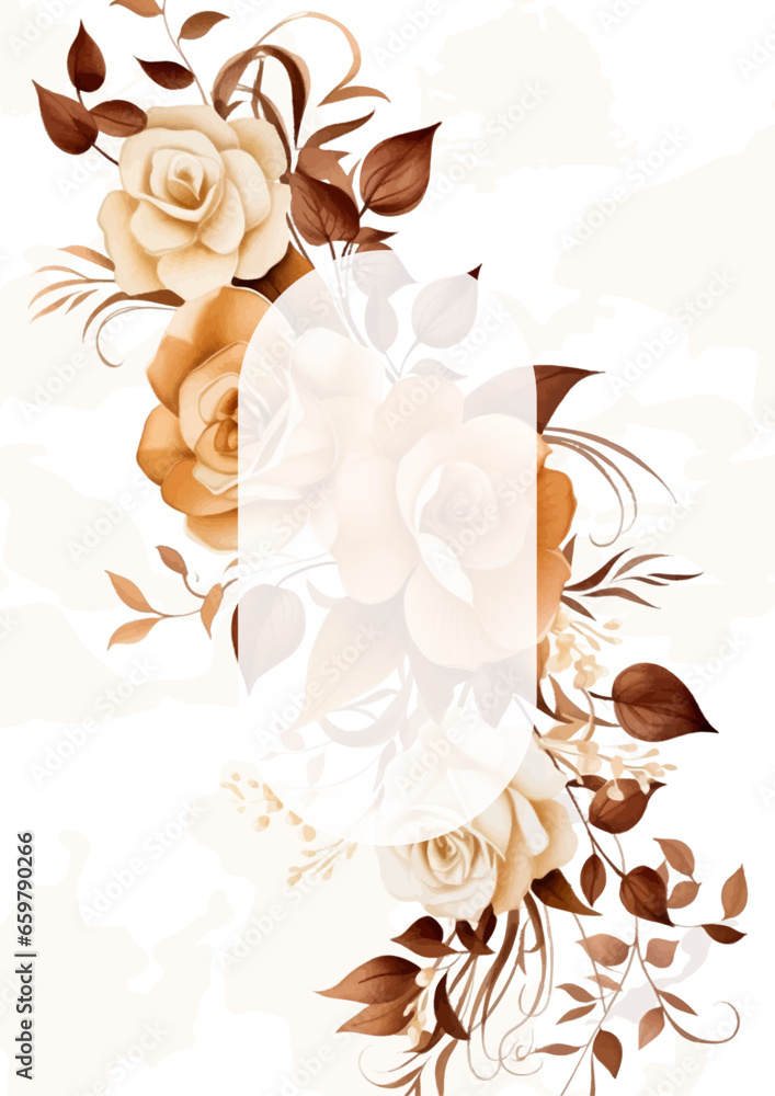 Gold and beige watercolor hand painted background template for Invitation with flora and flower