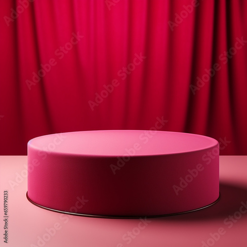 Cylinder podium covered with red cloth on viva magenta background, ai technology photo