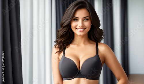 beautiful young woman in black bra, looking at camera and smiling