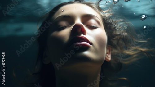 Close view of beautiful female face under water