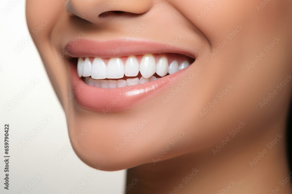 Obraz premium Close view of female face happy smile with white teeth