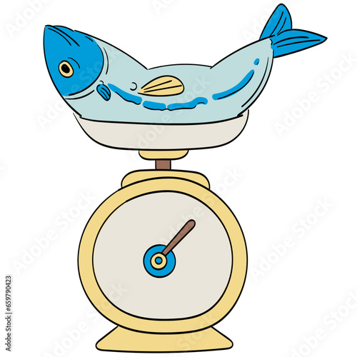 Weighing fish cartoon illustration