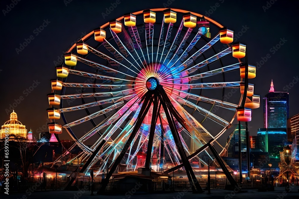 Ferris wheel, at night when the city lights are dazzling