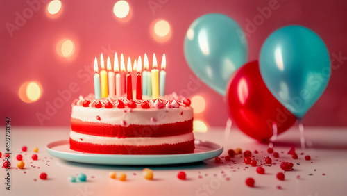 Sfondo di Compleanno Luminoso con Torta e Candele e Palloncini photo