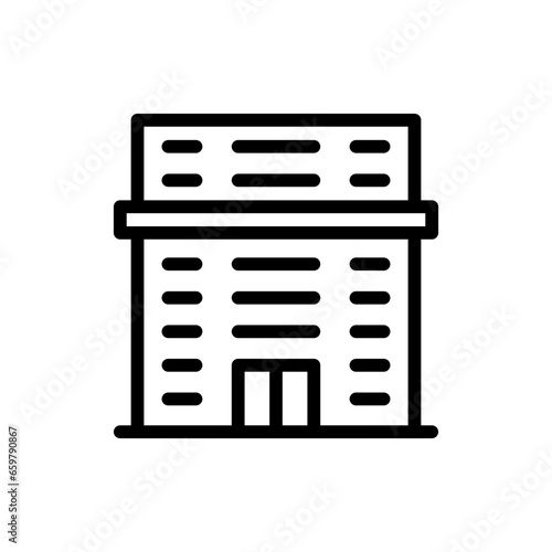 Hotel real estate icon with black outline style. hotel, room, travel, service, bed, vacation, woman. Vector Illustration