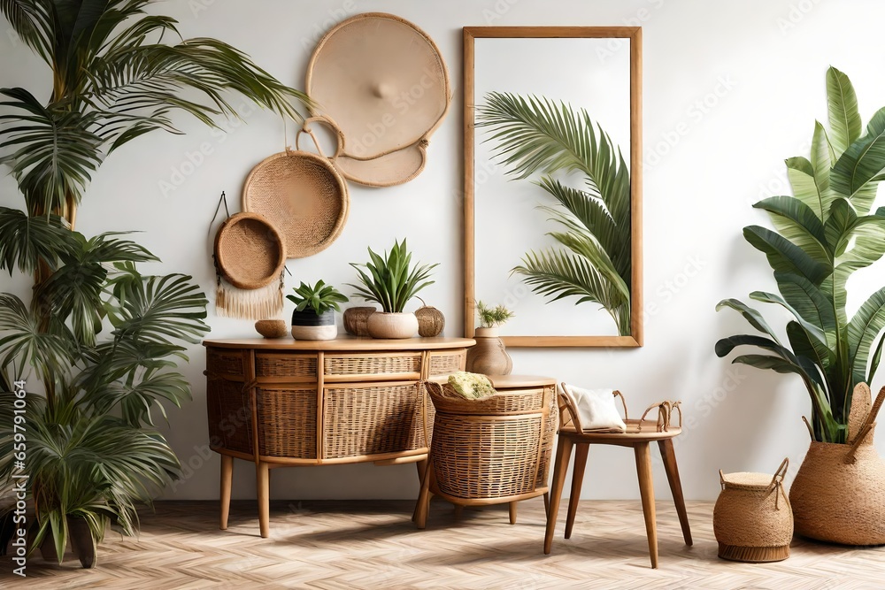 Stylish interior design of living room with wooden retro commode, chair, tropical plant in rattan , basket and elegant personal accessories. Mock up poster frame on the wall. Template. Home decor.