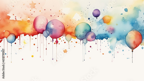 festive watercolor background children s holiday decoration with colorful balloons  greeting postcard abstract