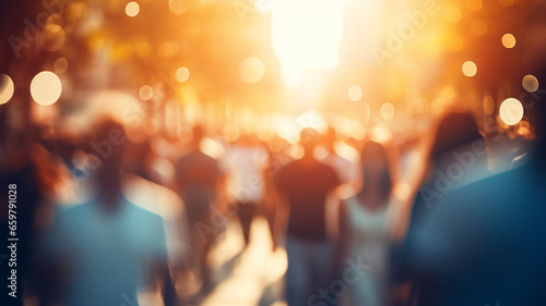 Stampa su tela crowd of people on a sunny summer street blurred abstract background in out-of-f