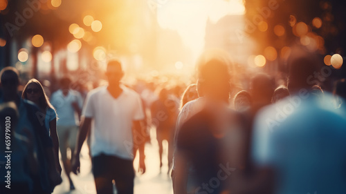 crowd of people on a sunny summer street blurred abstract background in out-of-focus, sun glare image light photo