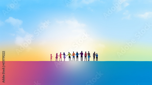 row of silhouettes of people standing under rainbow.  illustration multicolor spectrum background copy space peace and freedom