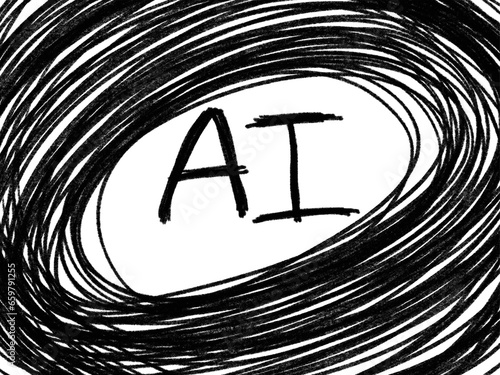 소용돌이치는 원형라인 중심에 손글씨 AI