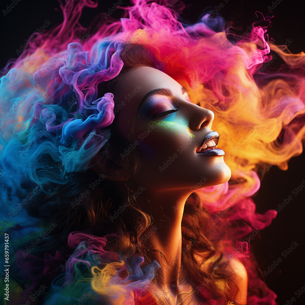 Elegant woman singing in colourful smoke, close up, ai technology