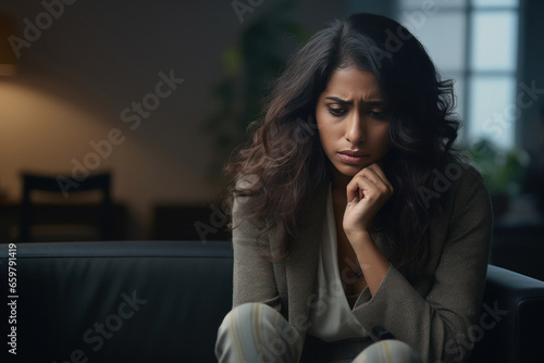 Indian woman sitting at home with a serious face.