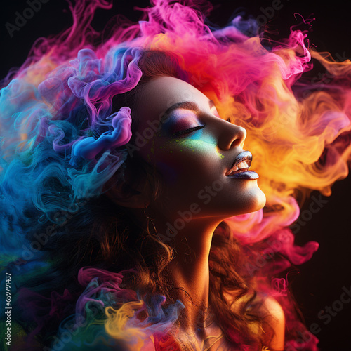 Elegant woman singing in colourful smoke, close up, ai technology