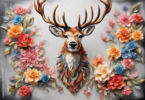Deer in Flower  on wall painting, Floral Deer Art