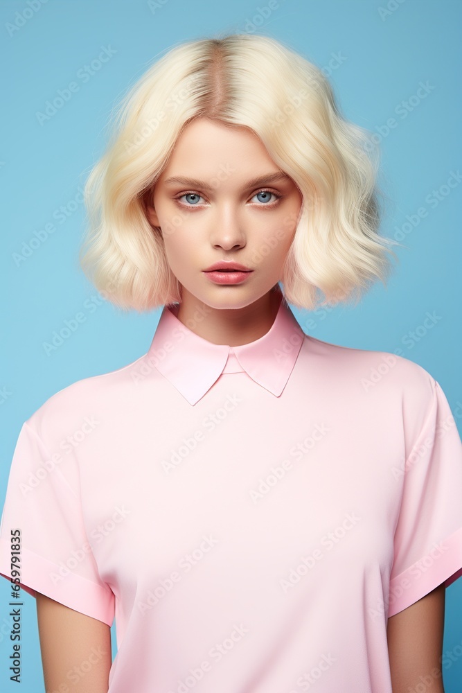 Blonde woman with pale complexion wearing soft pink polo shirt on blue backdrop. Blonde woman with pale complexion wearing soft pink polo shirt on blue backdrop.
