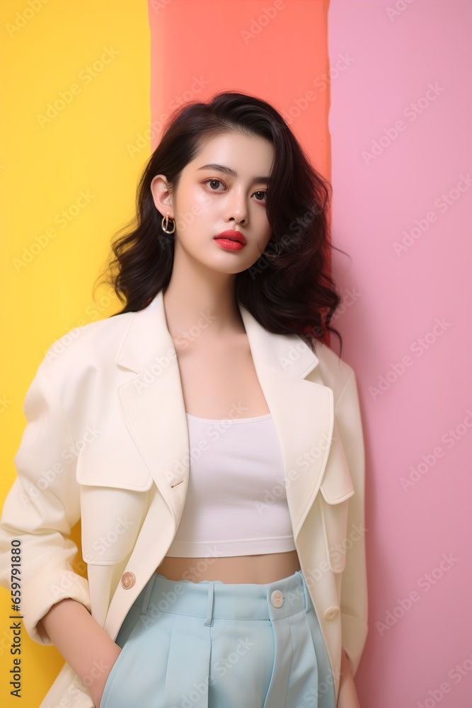 Confident young Korean woman in beige jacket against a colorful striped backdrop.