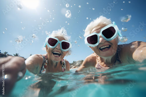 At a sun-soaked resort, a pair of jubilant elderly women, sporting swimming goggles, captures a selfie while immersed in the refreshing blue waters of a swimming pool on a splendid sunny day.