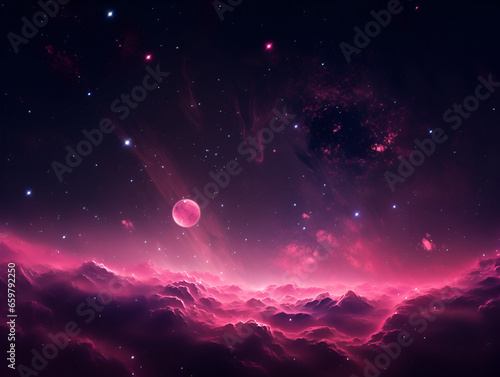 Illustration with pink space stars and planets background