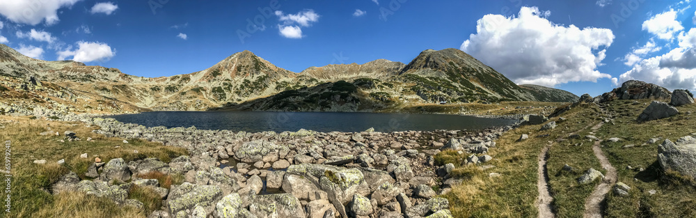 Panoramic view of Bucura lake in National Park Retezat, Romania. This is the glacial lake with the largest surface in Romania.