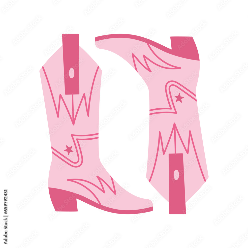 Cowgirl boots. Pink core fashion element. Cowboy western and wild west theme. Hand drawn vector illustration. Doodle icon. Cowgirl boots. Pink core fashion element. Cowboy western and wild west theme. Hand drawn vector illustration. Doodle icon.