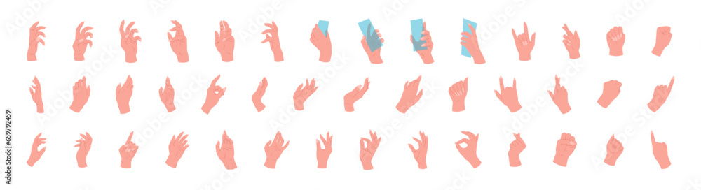 Large set of hands in different poses. Vector illustration of hands on white background. - obrazy, fototapety, plakaty 
