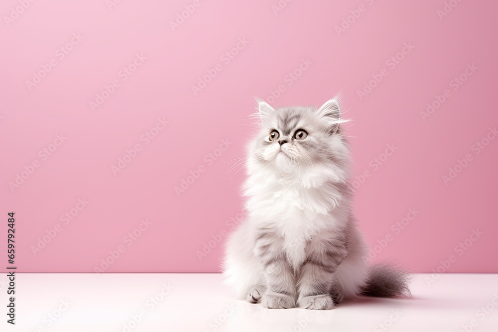 White persian cat on pink background with copy space. Studio shot White persian cat on pink background with copy space. Studio shot