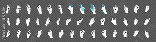 Large set of hands in different poses. Vector illustration of white hands on grey background.
