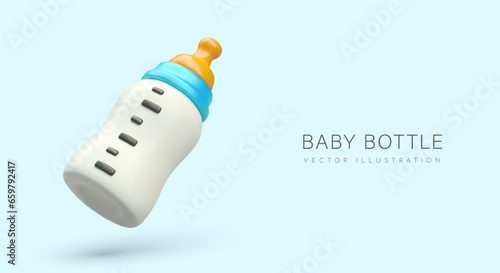 3d realistic newborn baby feeding bottle. Poster in blue and yellow colors with place for text for web store. Baby care and feeding concept. Vector illustration