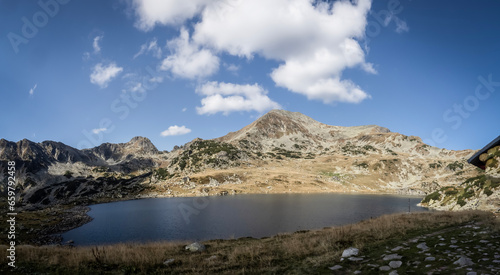 Panoramic view of Bucura lake in National Park Retezat, Romania. This is the glacial lake with the largest surface in Romania.