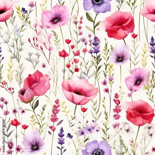 Watercolor Wildflowers Daisie Poppie Digital Paper Seamless Patterns Sublimation Background